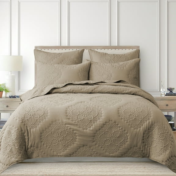 Levtex Home - Muslin Stitch Quilt Set - King Quilt and Two King Shams - Stitched Medallion - Taupe - Quilt (106x92in.) and Shams (20x36in.) - Reversible - Cotton
