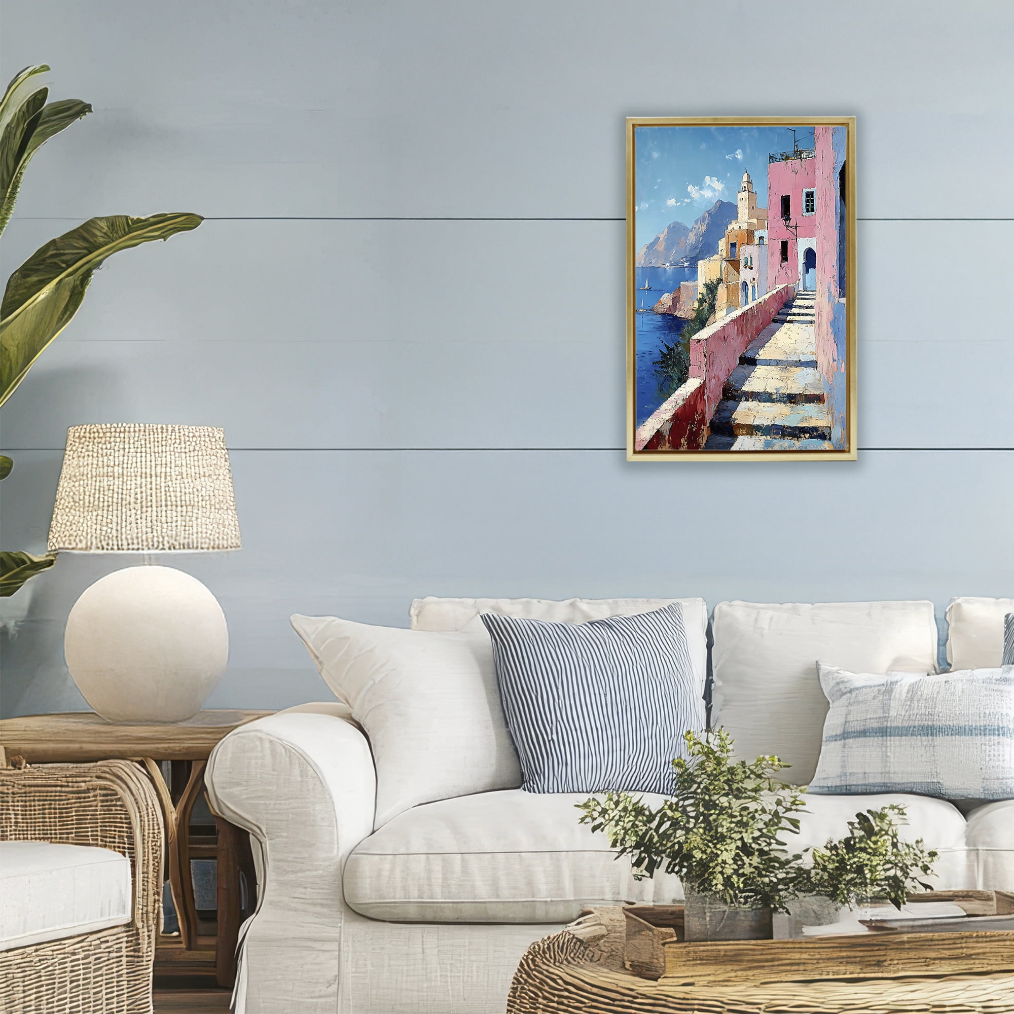 Stupell Industries Coastal Village's Sunlit Pathway Gold Framed Floater Canvas Wall Art, design by Creative Studio