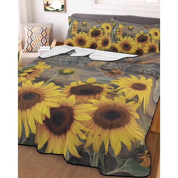 Sunflower King Size Down Alternative Comforter,Lightweight Comforter Quilt Bedding Set with Pillow Shams Spring Yellow Floral Rustic Butterfly Wood Grain Bed Comforter Duvet Insert 96"x106"