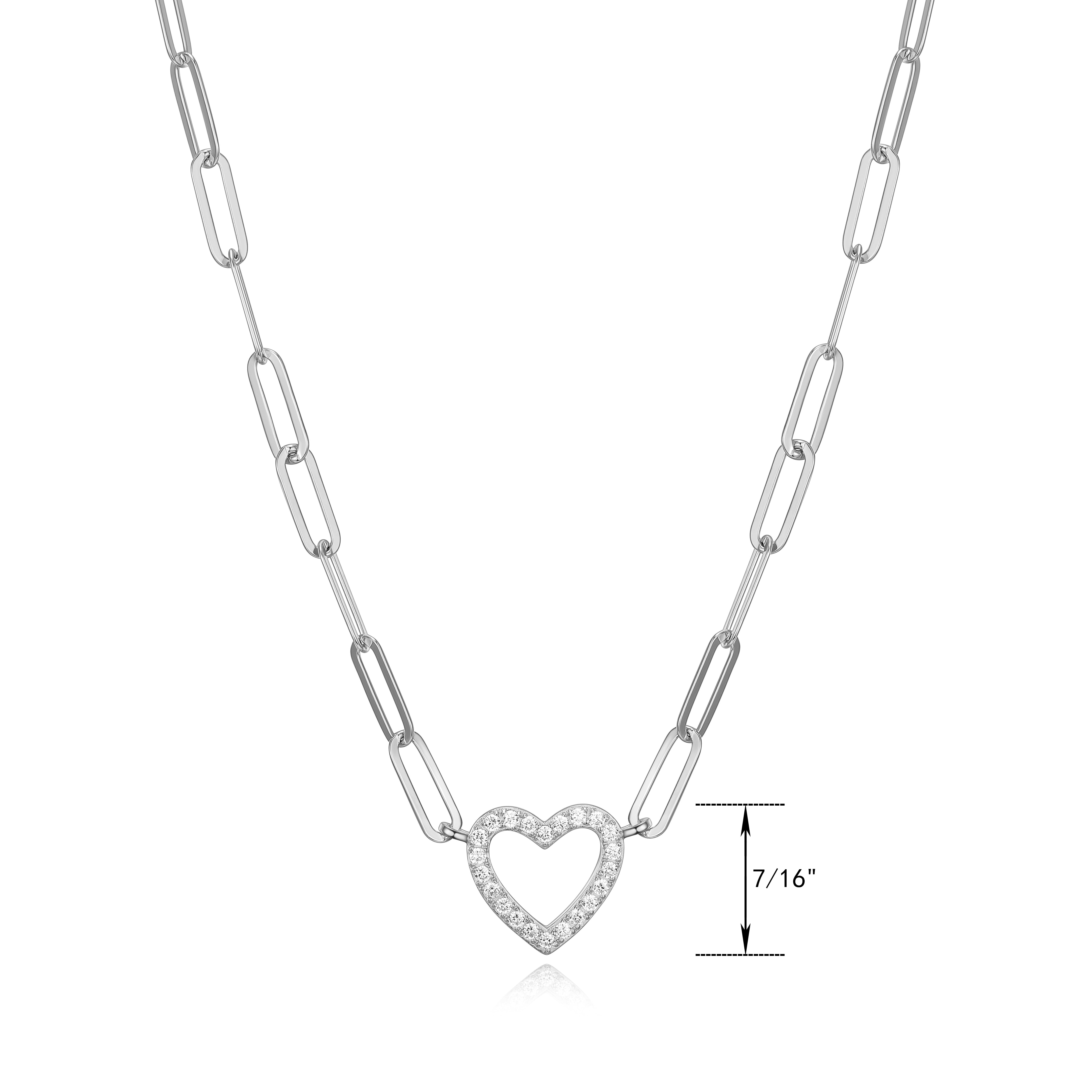 Forever Facets Cubic Zirconia Heart Paperclip 18” Necklace in Sterling Silver, Adult Female