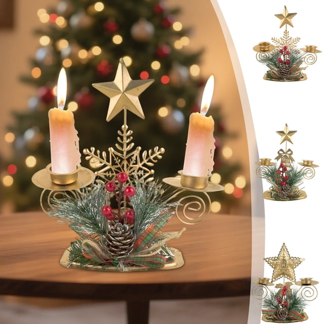 Candlestick Window Decoration, Golden Iron Double Tier, Christmas Holiday Desktop, Elegant Home Decor, Festive Season, Wedding Centerpiece, 2-Tier Metal Frame, for Bedroom
