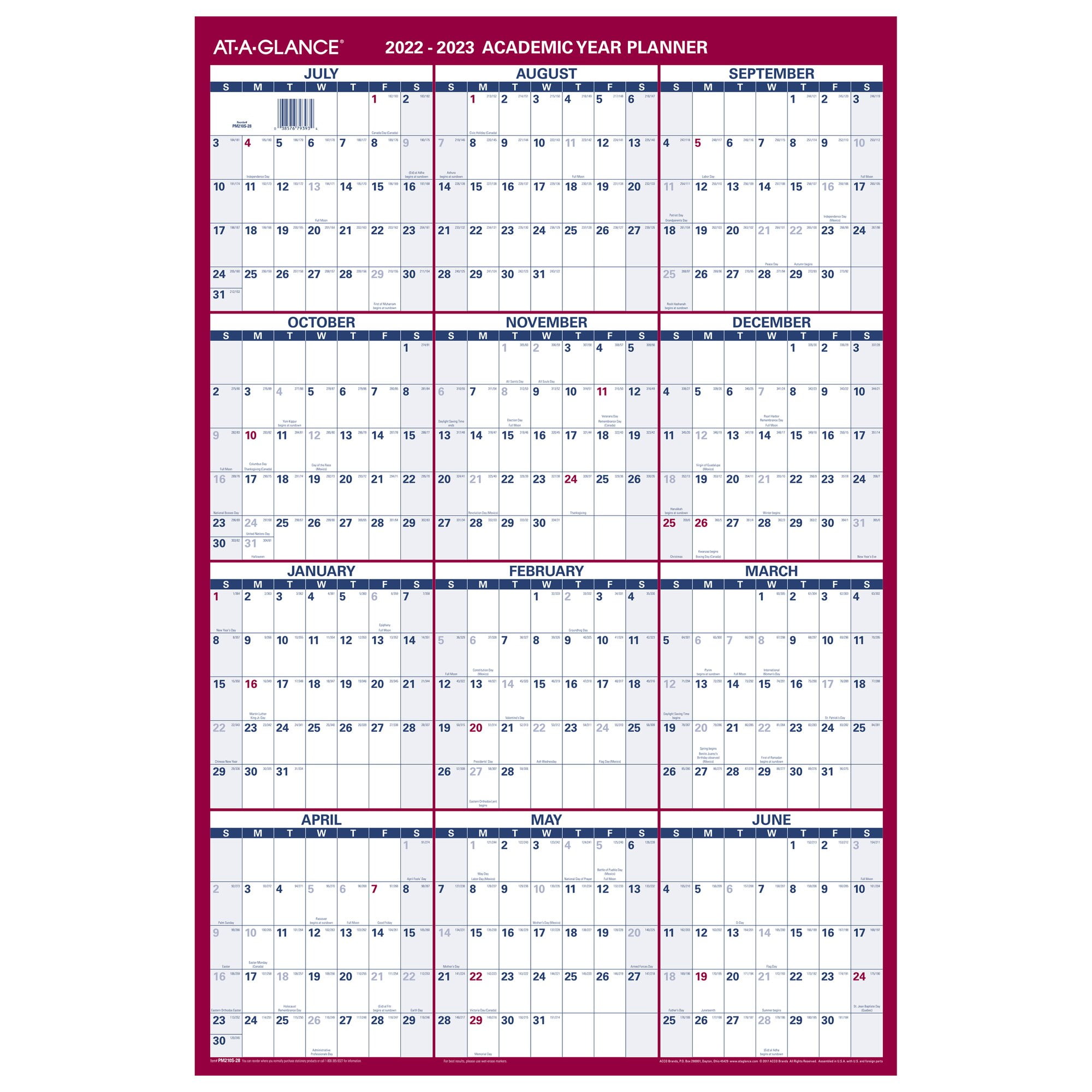 AT-A-GLANCE Vertical Reversible Erasable Academic/Regular Year 2022-2023 Wall Calendar, Large, 36' x 24'