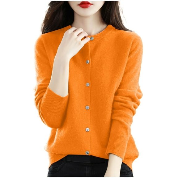 HTNBO Women's Crew Neck Cardigan Sweater Casual Long Sleeve Open Front Button Down Knit Outwear Fall Fashion Clothes