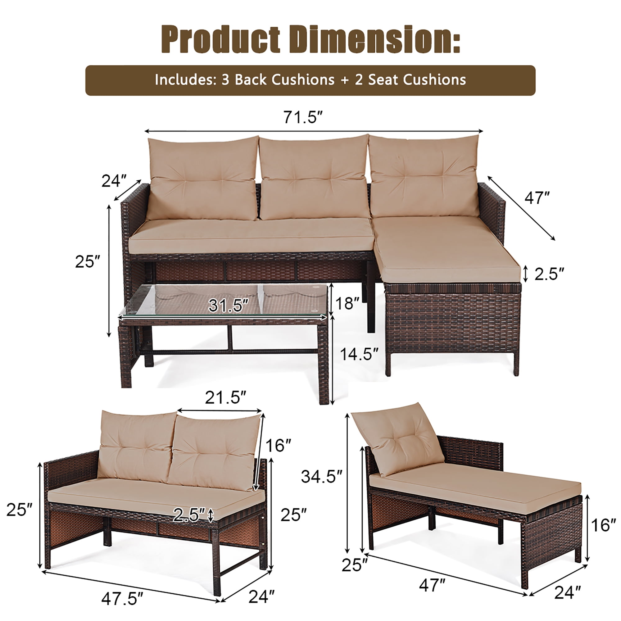 Costway 3PC Patio Sofa Set Outdoor Sectional Conversation Set Rattan Wicker