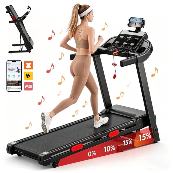 Home Folding Treadmill with 15% Auto Incline, 3.9HP Motor, 9 MPH Speed, Treadmill 300 lb Capacity, Bluetooth App, 6 Independent LED Displays, Electric Foldable Treadmill Running Machine for Home