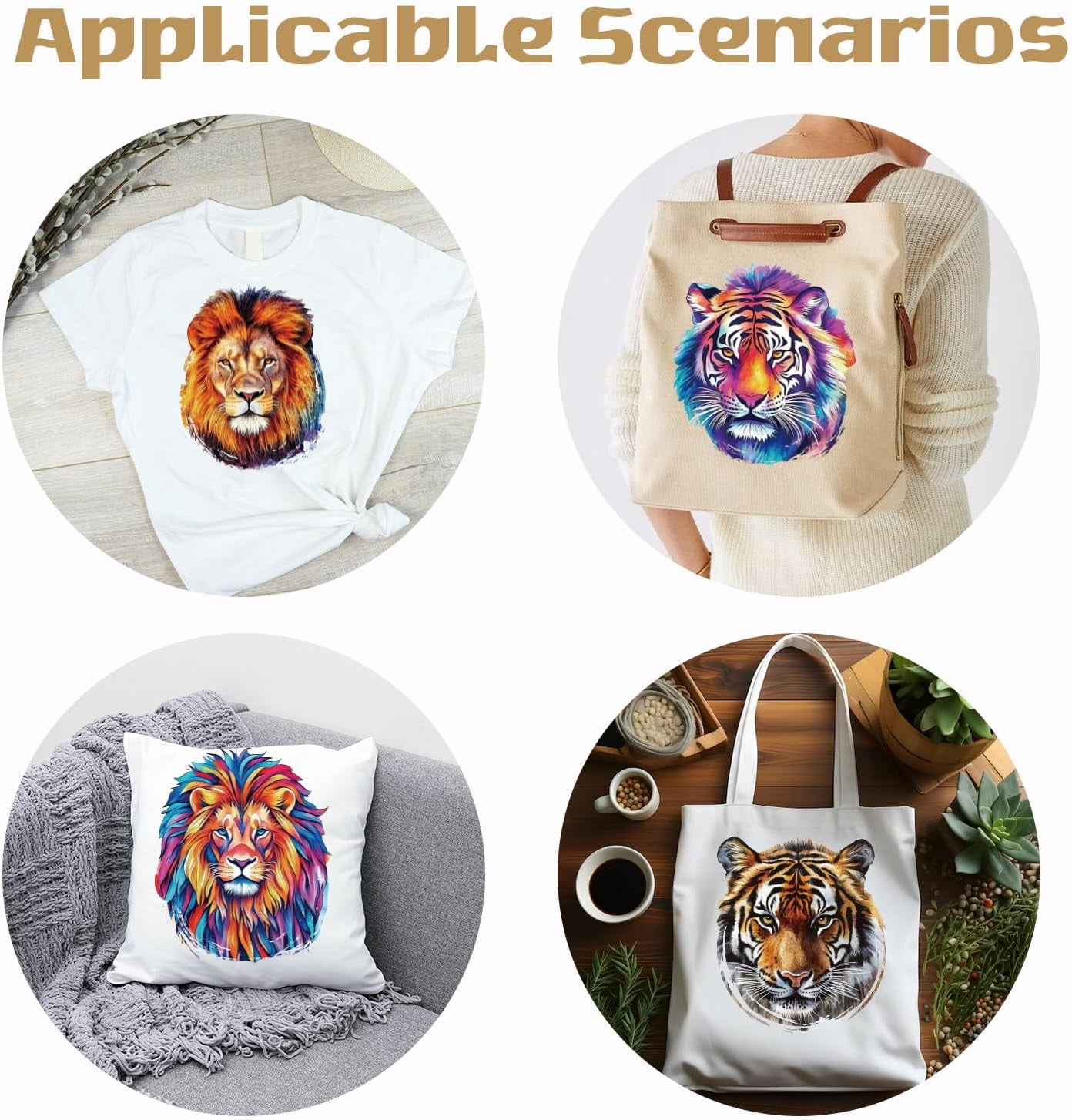 1 Set 4PCS Lion and Tiger Iron On Transfer Patches Animal Heat Transfer Stickers DIY Iron On Decals Washable Heat Transfer Paper for Clothing T-Shirt Backpacks Bag Pillow Decor Applique