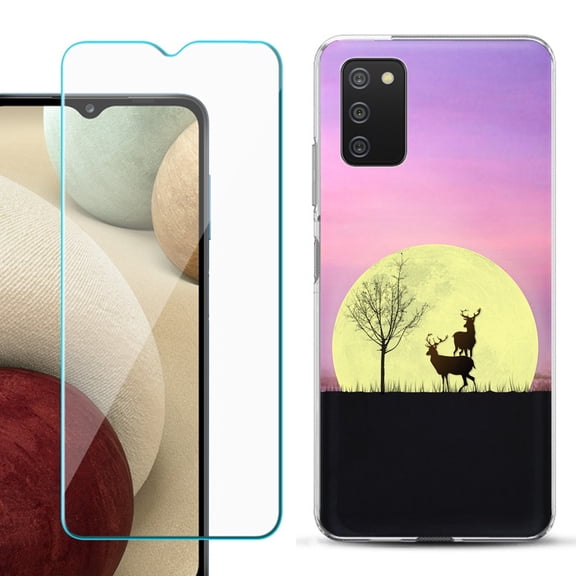 Slim-Fit TPU Fashion Phone Case for Samsung Galaxy A03s, with Tempered Glass Screen Protector, by OneToughShield ® - Moonlight Deer