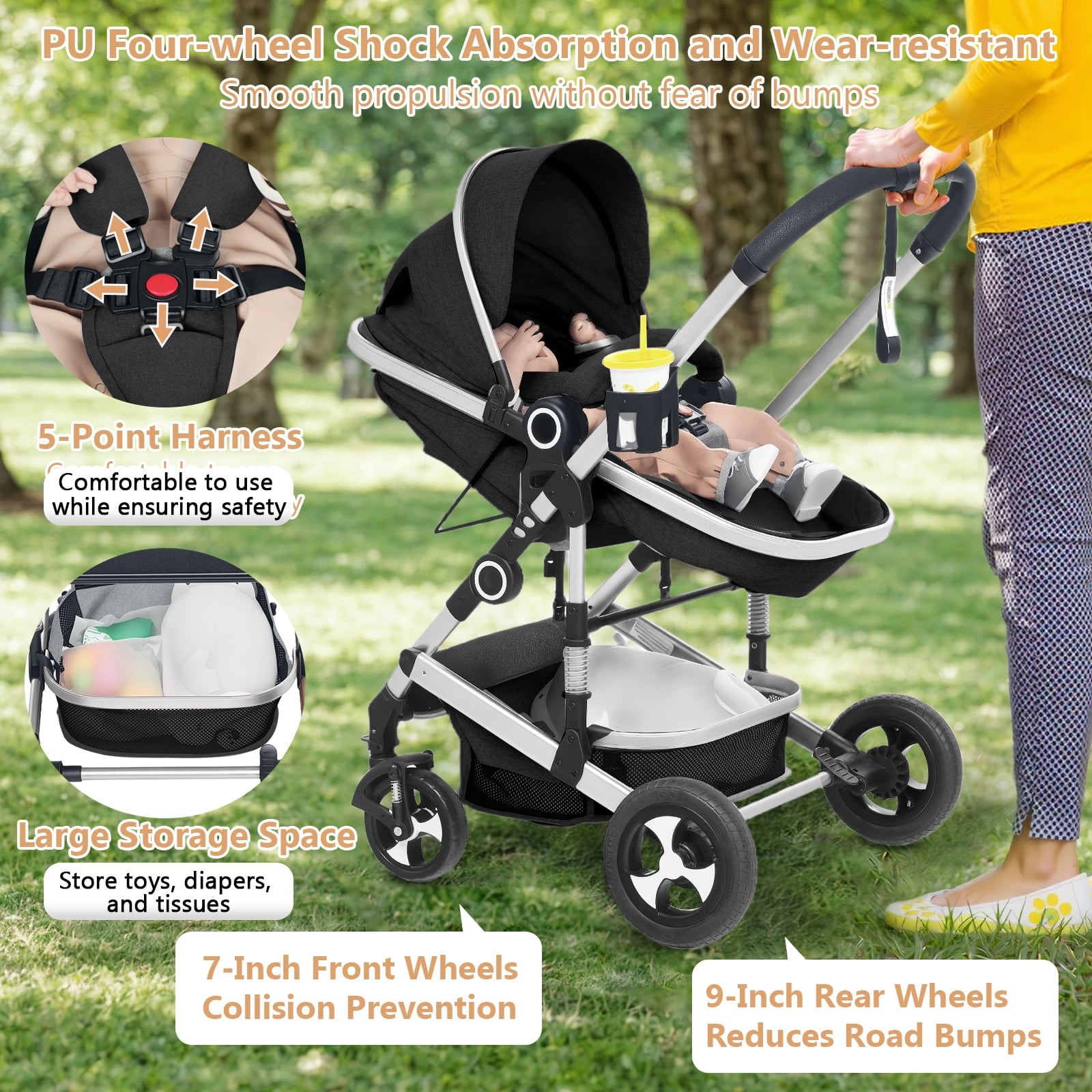 LINLUX 2 in 1 Baby Stroller w/ Diaper Bag & Big Wheel, Infant Pushchair, 23 Pounds,  Black