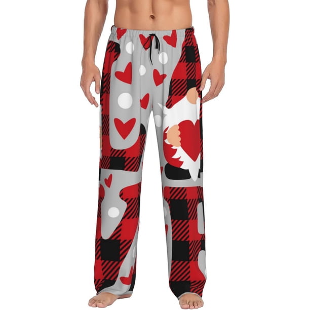 Fotbe Buffalo Plaid Love And Gnome Pantalones de Pijama para Hombre, Pantalones de Dormir, Pantalones de Casa con Cintura Ajustable y Bolsillos-Medium