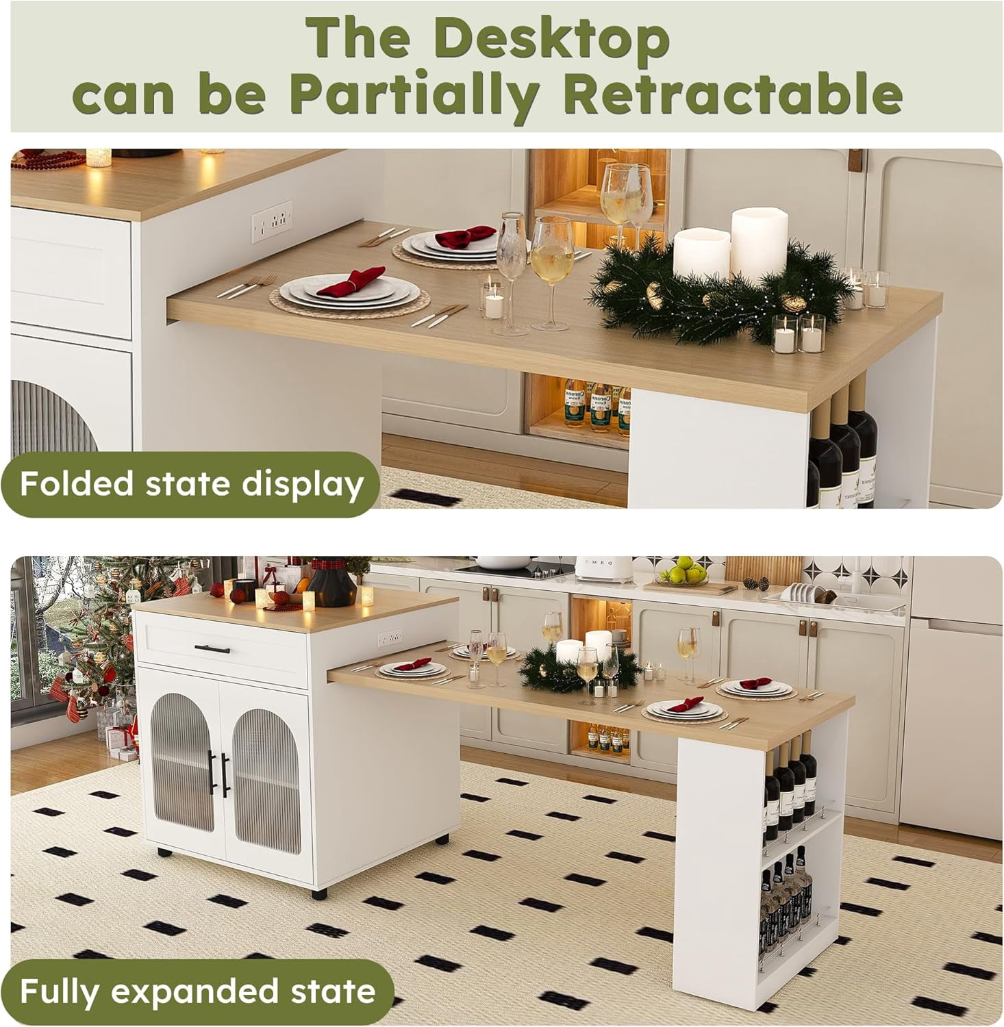 Montary 80" Expandable Kitchen Island with Extendable Table - Solid Wood Grain Countertop with Power Outlet & USB Ports, Mobile Cart with Double-Side Storage, Cabinet & Drawers (White)