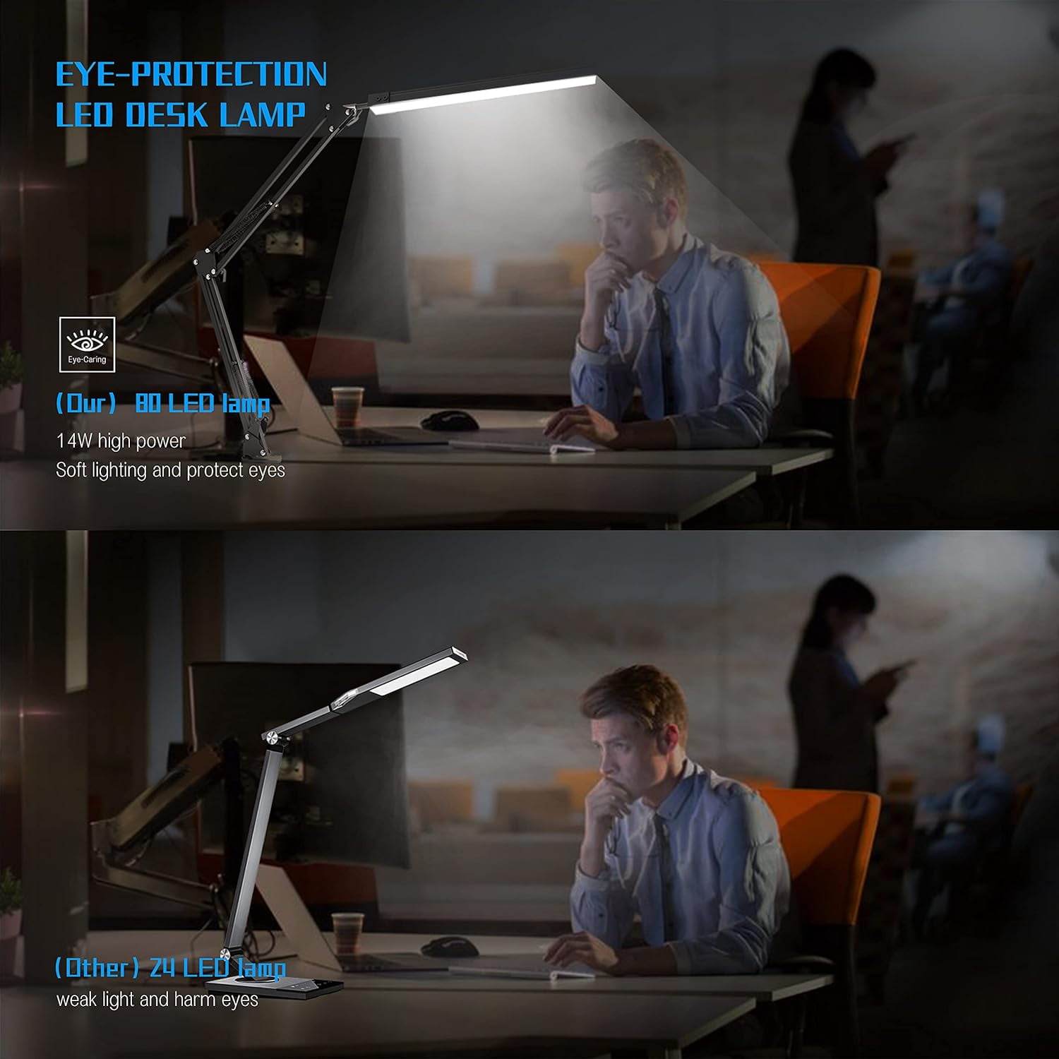 Jxr LED Desk Lamp, Swing arm Desk Light with clamp, 3 Lighting 10 Brightness Eye-Caring Modes, Reading Desk Lamps for Home Office 360 Degree Spin with USB Adapter & Memory Function