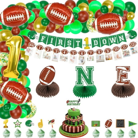 Football 1st Birthday Decorations, include First Down Banner, Football Monthly Photo Banner, One Year Old Centerpiece, Cake Toppers, Balloons for Boys Baby First Birthday Football Party Supplies