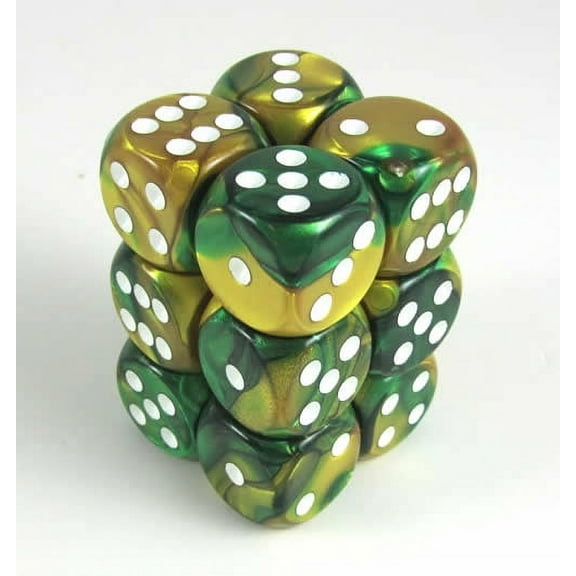 Gold and Green Gemini Dice with White Pips D6 16mm (5/8in) Pack of 12 Chessex