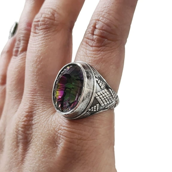 Mystic Topaz Mans Ring, Natural Mystic Topaz, November Birthstone Topaz, Silver Jewelry, 925 Silver Ring, Birthday Gift, Heavy Mens Ring, Arabic Oxidized Mans Ring, Christmas, Mens Signet Ring