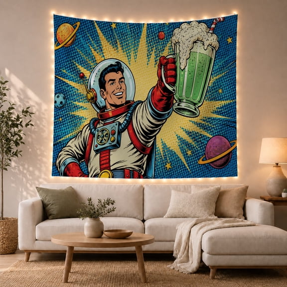 Astronaut Holding a Green Milkshake in Space, Playful Retro Pop Art for Space Lovers, Galaxy Wall Decor, Birthday Gift, Tapestry Wall Hanging for Bedroom, Game Room and Dorm