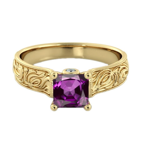 - 2.06 ctw Amethyst Ring with Diamonds 14K Yellow Gold Filigree Cathedral Princess