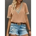 thumbnail image 3 of Chase Secret Tops for Women Lace Trim V Neck Short Sleeve Blouses Hollow Out Dressy Casual Shirts Apricot, 3 of 8