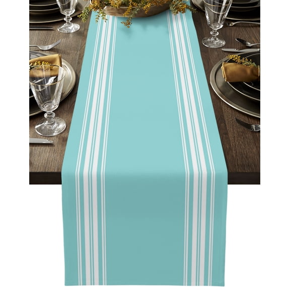 Table Runner Dresser Scarves 48 Inch Long, Minimalist Geometry Line Art Linen Dining Table Runners White Stripe on Light Teal Blue Tabletop Scarf for Wedding Holiday Party Kitchen