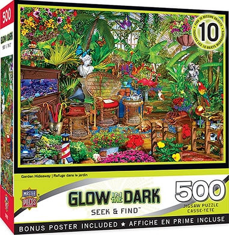 MasterPieces Glow in the Dark Seek & Find - Garden Hideaway 500-Piece Interlocking Jigsaw Puzzle - Styles May Vary