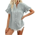thumbnail image 1 of Timegard Tops for Women Ruched Ruffle Short Sleeve Stand Collar Shirts Casual Loose Button up Blouse, 1 of 5
