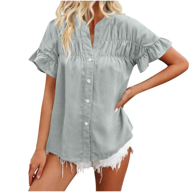 Timegard Tops for Women Ruched Ruffle Short Sleeve Stand Collar Shirts Casual Loose Button up Blouse