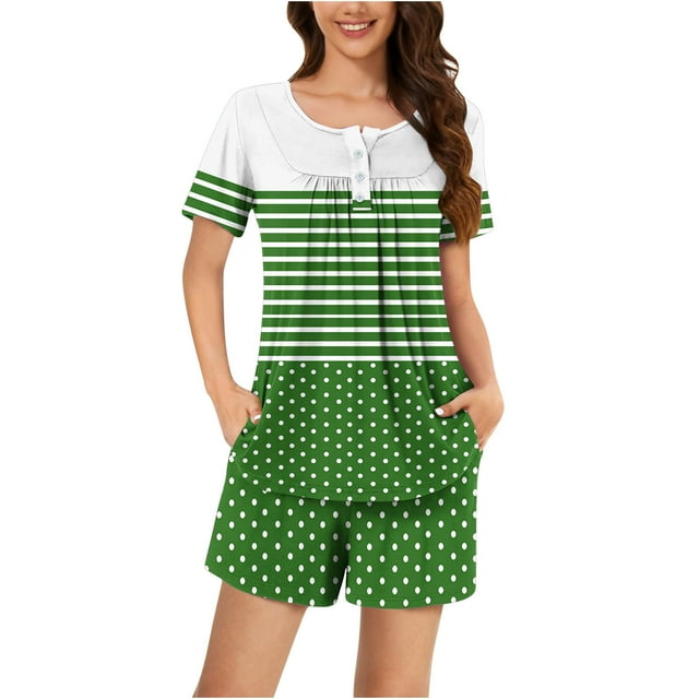 Jamicy Pyjama Aguichant pour Femmes, Mode Décontractée, Ample, à Rayures Imprimées, Col Rond, Boutons, Shorts, Manches Courtes, Ensemble de Pyjama Confortable pour Dames