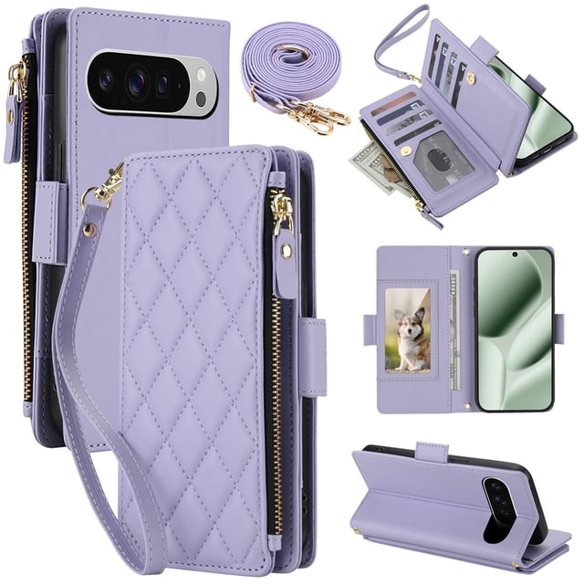 For Google Pixel 9 / 9 Pro 5G RFID Blocking Wallet Case, Crossbody Purse Phone Case with 9 Card Slots, Zipper Pocket & Detachable Strap,Purple,For Pixel 9 / 9 Pro