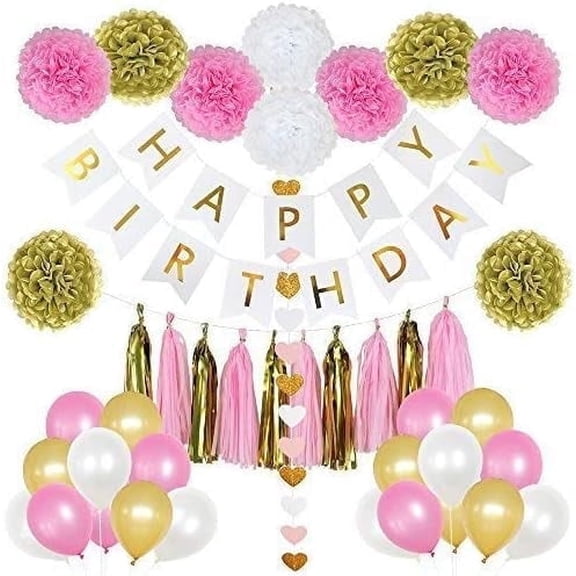 Bipra 85 Pieces Birthday Party Decoration Set for Girls-Rose Gold Party Decorations Includes Happy Birthday Banner, 20 Party Balloons 10 Paper Pom Poms 10 Tassels & 32 Heart (Rose Pink, Gold, White)