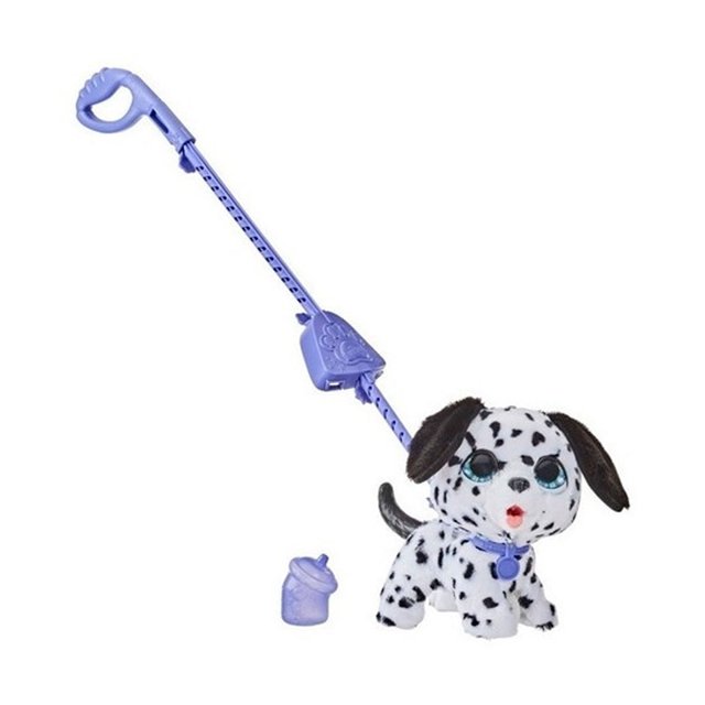 perro furreal pealots grandes paseos juguete interactivo dálmata multicolor con peluche y correa morada extendida. Vista 3/4 frontal: ojos grandes azul brillante, manchas negras en pelaje blanco, collar con placa y biberón accesorio; edad 4 años en adelante, ideal para paseos y juego de cuidado.