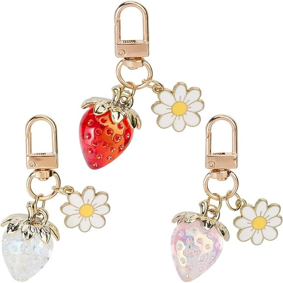 1 Box 3Pcs Strawberry Key Chains Fruit Keychain Bulk Red Pink Clear Acrylic Gold Alloy Enamel Daisy Flower Strawberries Charm Keychains with Swivel Clasps for Keys Purse Backpack Accessories