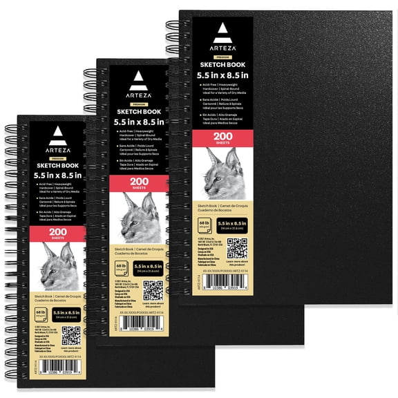 Arteza 5.5" x 8.5" Spiral-Bound Hardcover Sketchbook, 200 Pages, Black, Set of 3