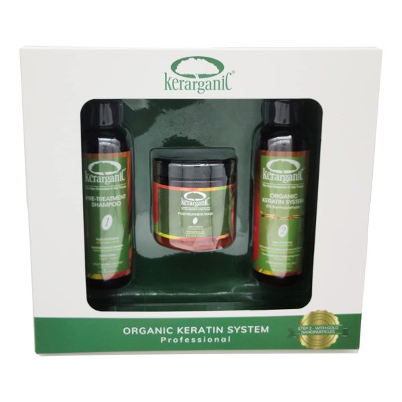 KERARGANIC Set de bricolaje con sistema de queratina sin formaldehído: champú pretratamiento, tratamiento capilar, mascarilla post-tratamiento con aceite de argán - (4 oz cada uno)