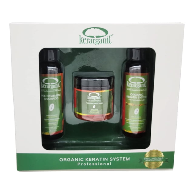 KERARGANIC Set de bricolaje con sistema de queratina sin formaldehído: champú pretratamiento, tratamiento capilar, mascarilla post-tratamiento con aceite de argán - (4 oz cada uno)