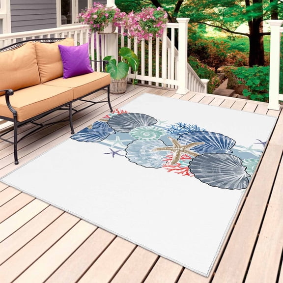 Navy Blue Coastal Outdoor Rug 3x5 Ft, Non Slip Washable Area Rug, Summer Beach Nautical Shell Starfish Patio Rugs Carpet Runner, Large Floor Mat for Indoor/Outdoor Deck Porch Camping