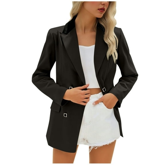Rutainlusire Womens Daily Comfy Blazers Women's Contrasting Long Sleeved Double Pocket Buttoned Turndown Collar Blazer