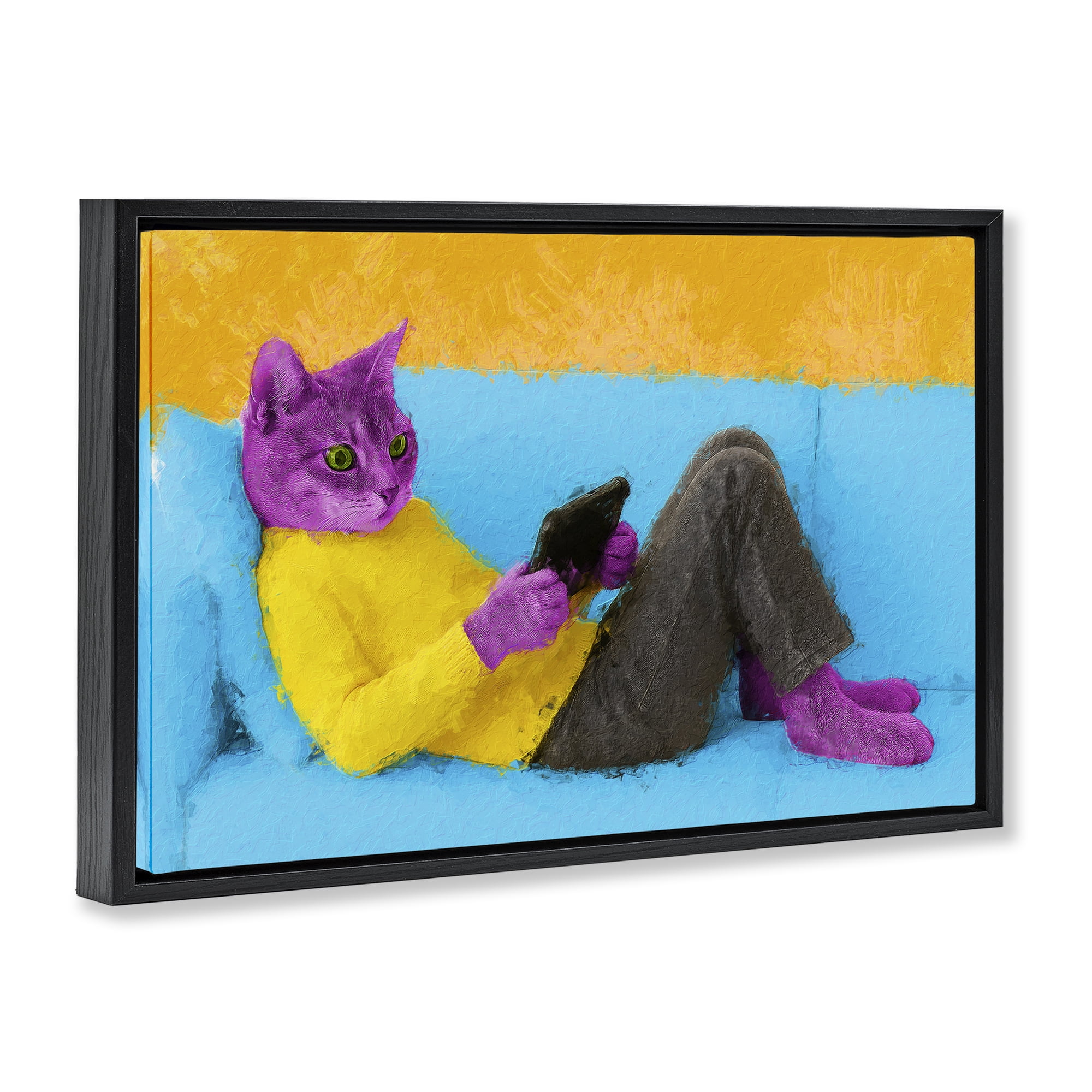 Stupell Industries Vibrant Cat Playing Game Black Framed Floater Canvas Wall Art, design by Sean Parnell