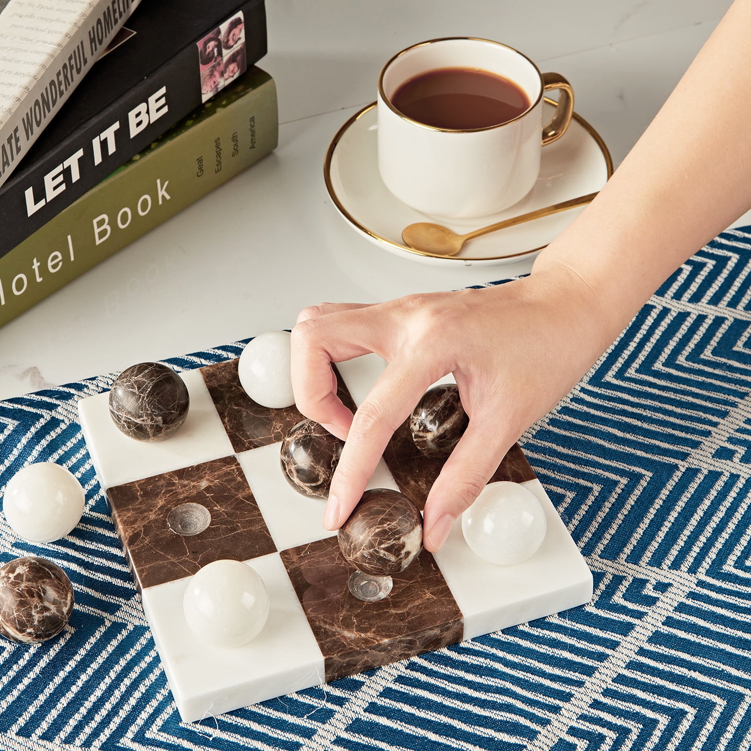 Organic White& Brown Marble Home Decorate, Sturdy Marble Board Tabletop, Marble Classic Tic-Tac-Toe Board, Board for Home, Tabletop Game