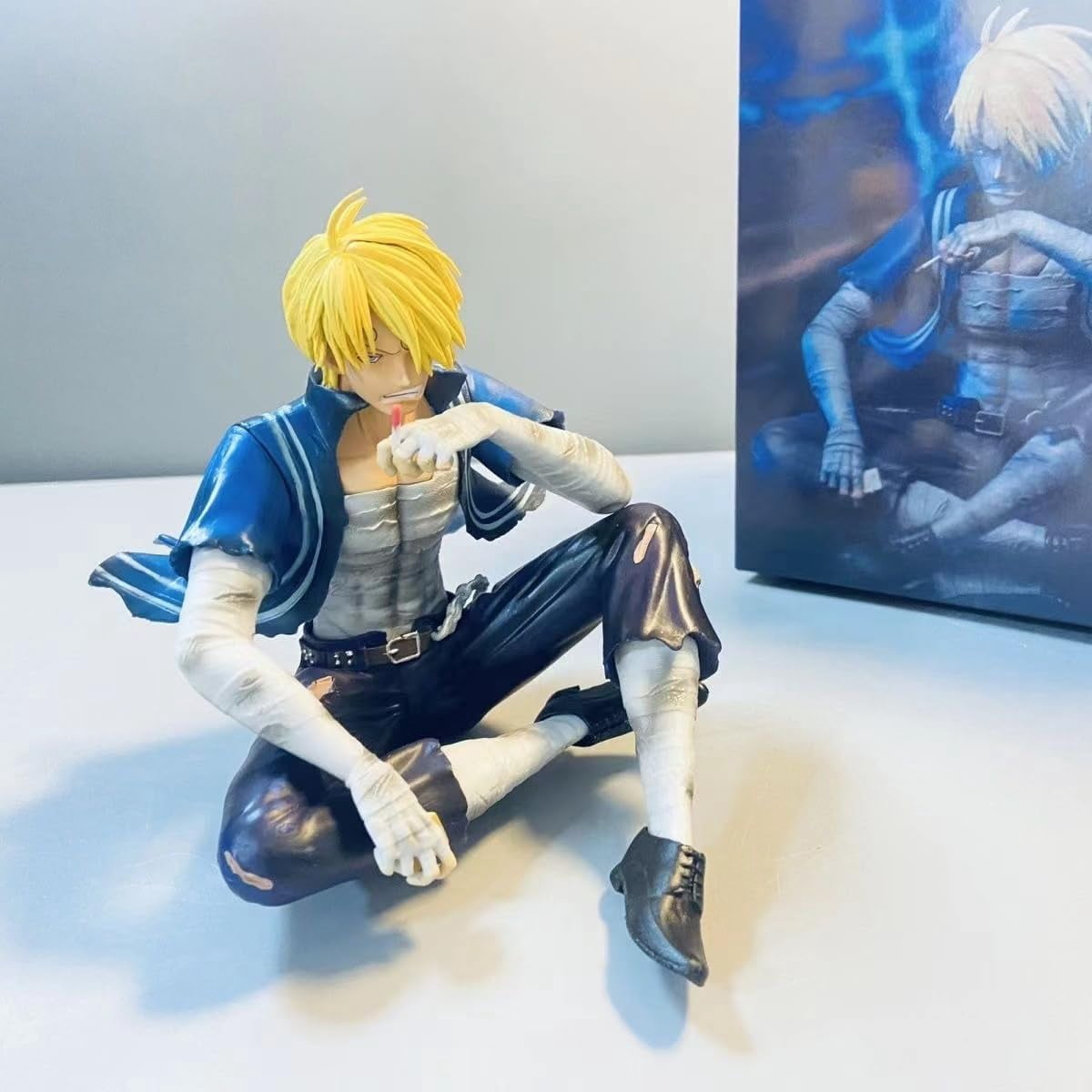 Newly Sanji Figure Sitting Battle Damaged Sanji Anime Figures 22cm/8.7inch Handmade PVC Statues Collectible Souvenirs for Anime Fans Gifts