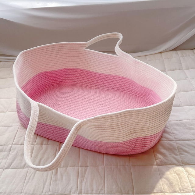 Cesta tejida con asas,Cesta cambiadora portátil para la parte del tocador,Cesta de Moisés para recién nacidos niños niñas de mano,Estación para cambiar pañales de bebé Rosa