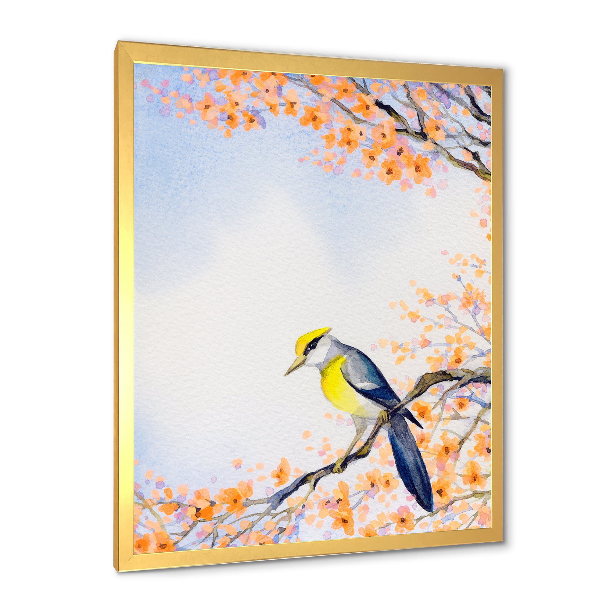 Beautiful Blue Bird Sitting On Flowering Branch II 30 in x 40 in Framed Painting Canvas Art Print, by Designart