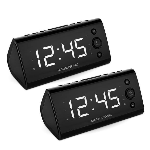 Magnasonic Radio Réveil avec Recharge USB pour Smartphones et Tablettes Comprend Double Alarme, Batterie de Secours, Réglage Automatique de l'Heure et Écran LED 1,2" avec 4 Options de Gradation - 2 PACK