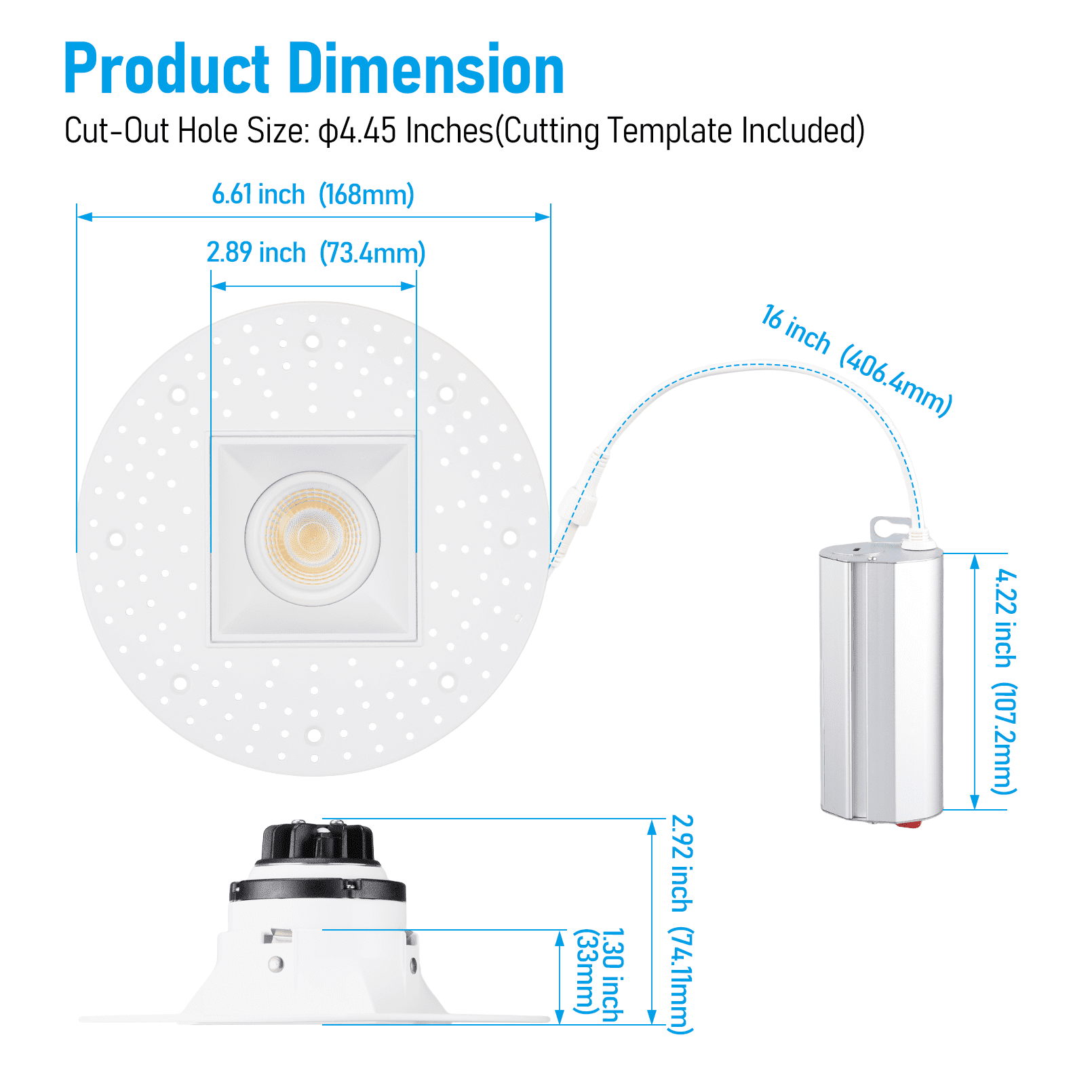 4 Pack 5CCT Square Adjustable Trimless 3-Inch LED Gimbal Recessed Light, 9W 120V Dimmable Ceiling Canless Downlight with J-Box, 2700K/3000K/3500K/4000K/5000K Selectable, White