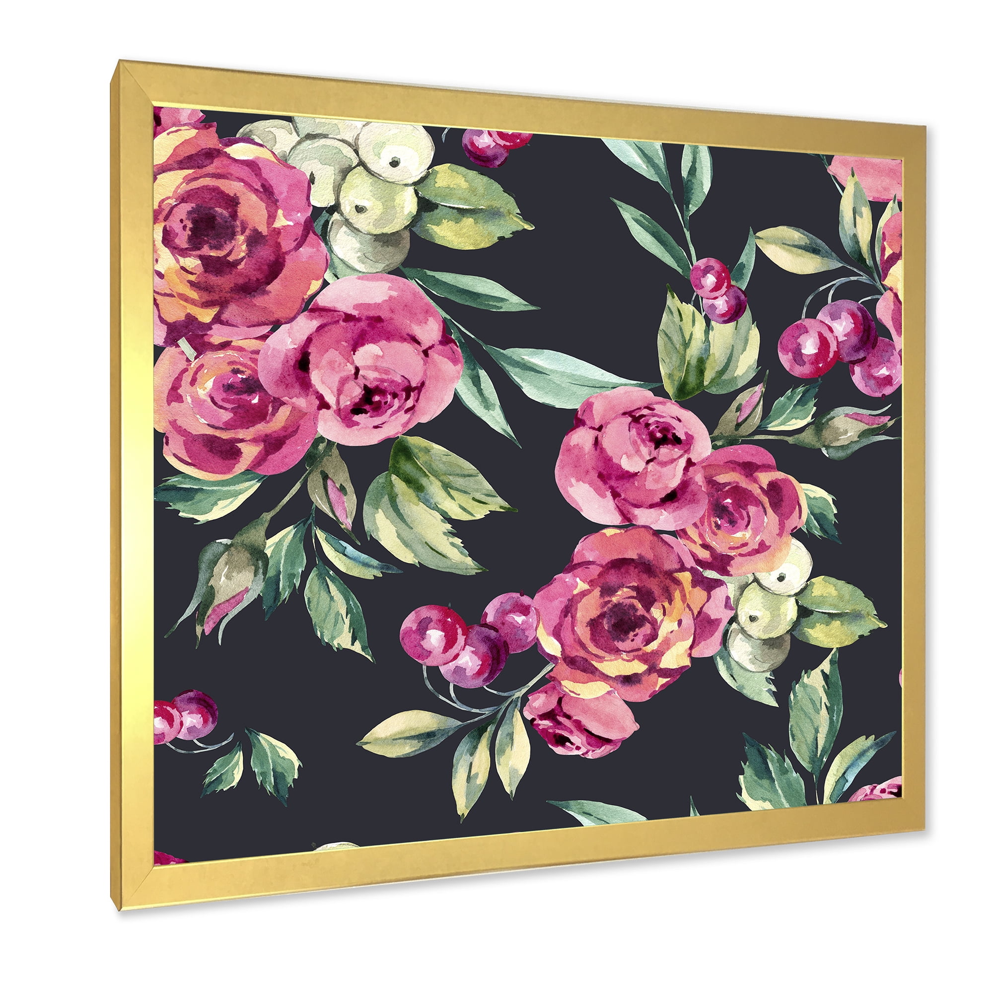 Designart 'Red VIntage Roses and Berries On Black Background' Farmhouse Framed Art Print