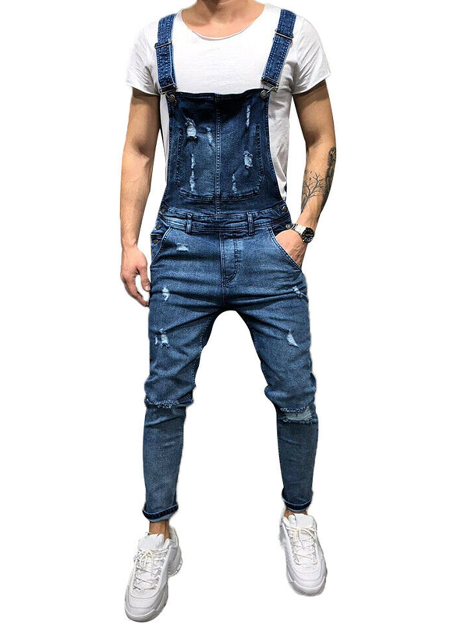 Men Jeans Suspenders Denim Trousers Carpenter Overall Bib Jumpsuits Skinny Pants