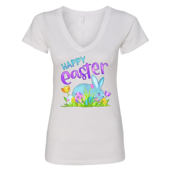 Inktastic Happy Easter Blue Bunny and Eggs in Grass Women's V-Neck T-Shirt