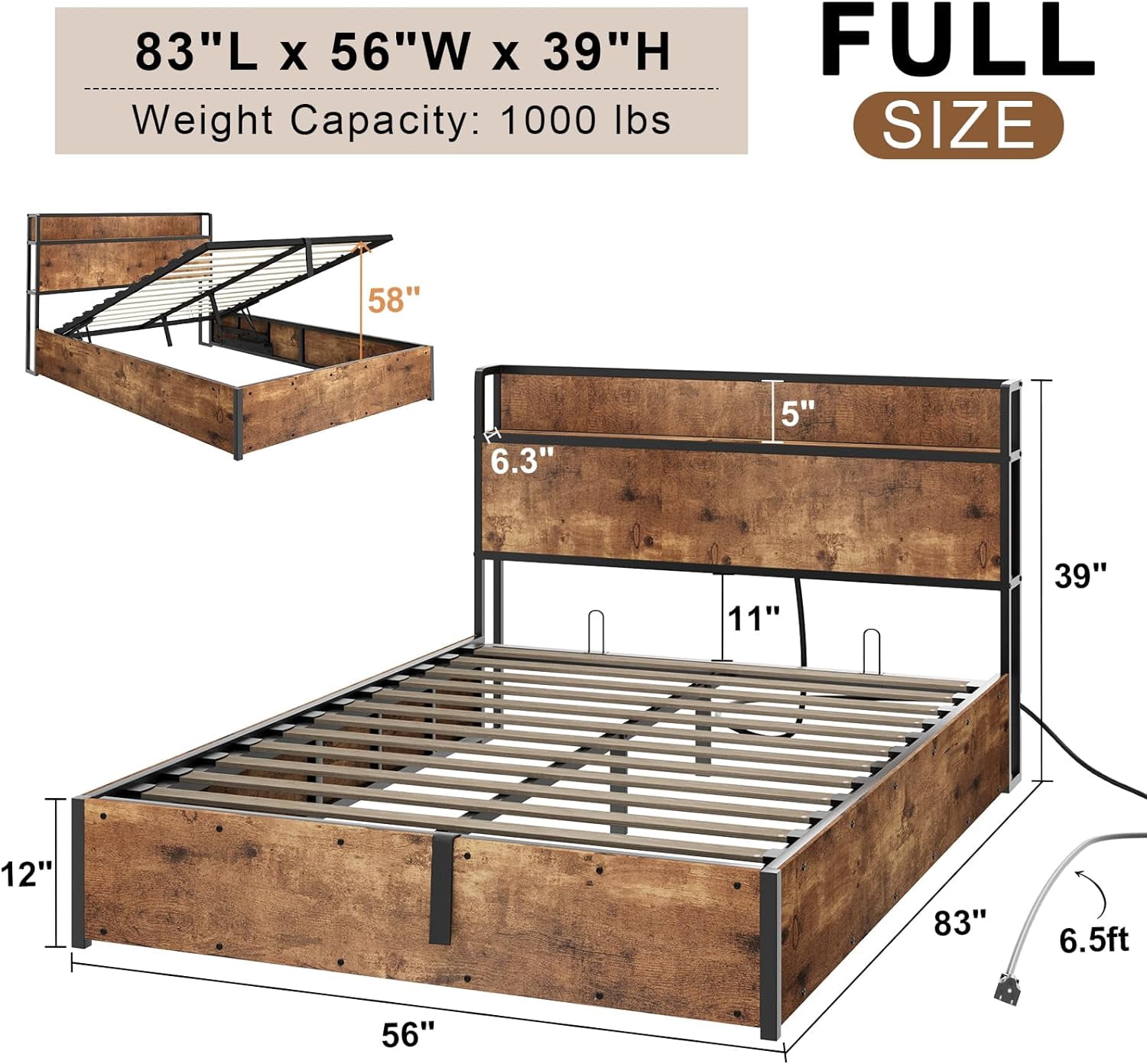 VanAcc Full Size Lift up Storage Bed Frame, Wooden Platform Bed Frame with Lifting Storage & Charging Station, Rustic Brown