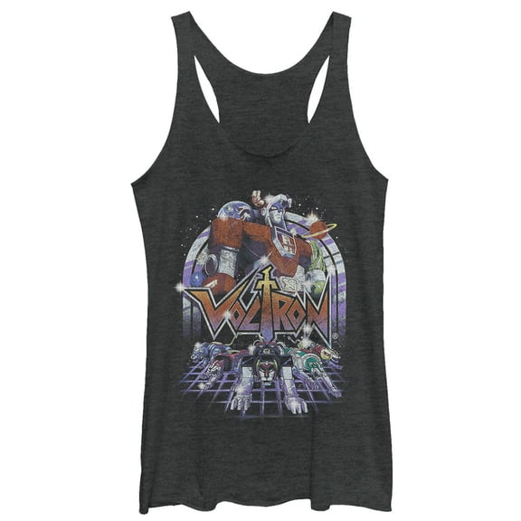 Women's Voltron: Defender of the Universe Retro Robot Lions  Racerback Tank Top Black Heather 2X Large