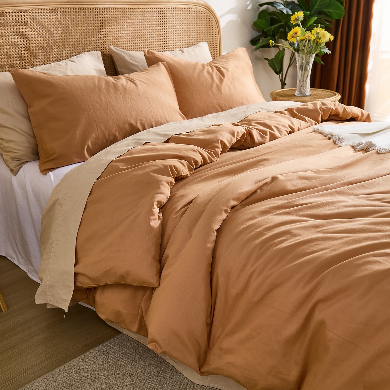 100% Washed Cotton Duvet Cover –Burnt orange, Linen-Like Texture, Super Soft & Breathable Bedding Set, 3-Piece Durable Percale Comforter Cover
