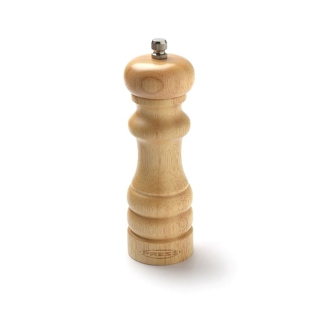 pimentero de madera de 15 cm press clasic - pimentero de madera color café, vista frontal centrada de 15 cm con cuerpo torneado y agarre ergonómico; remate superior metálico y base estable, mecanismo interno de cerámica según especificación, compacto y fácil de trasladar en mesa o cocina, antideslizante y fácil de lavar; también suele usarse para moler sal gruesa.