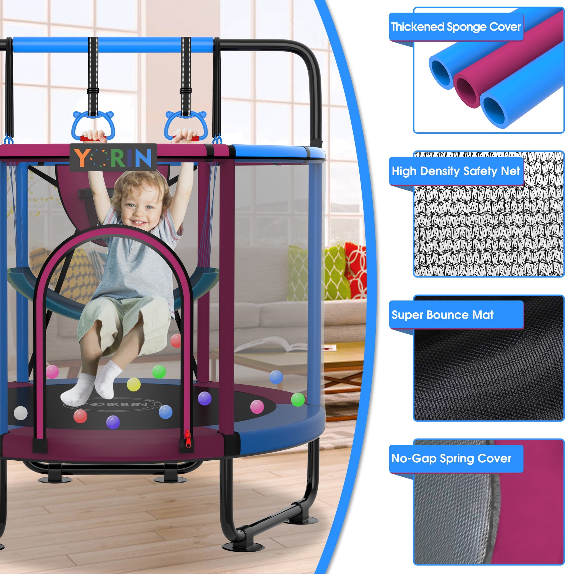 YORIN Trampoline for Kids, 55'' Toddler Mini Trampoline with Enclosure Net, Basketball Hoop, 4.5FT Indoor/Outdoor Kids Trampoline with Swing, Adjustable Gymnastics Bars, Gifts for Boys Girls, 500LBS